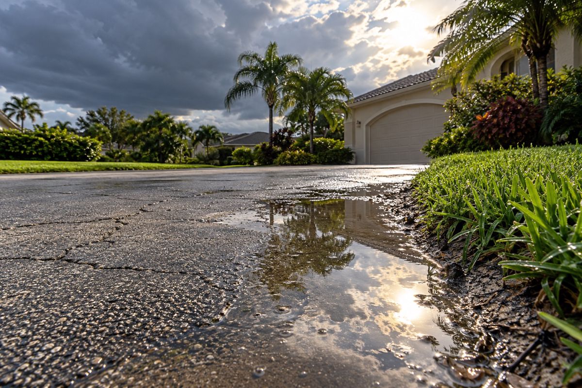Faded cracked driveway with rainwater pooling after a Tampa summer storm
