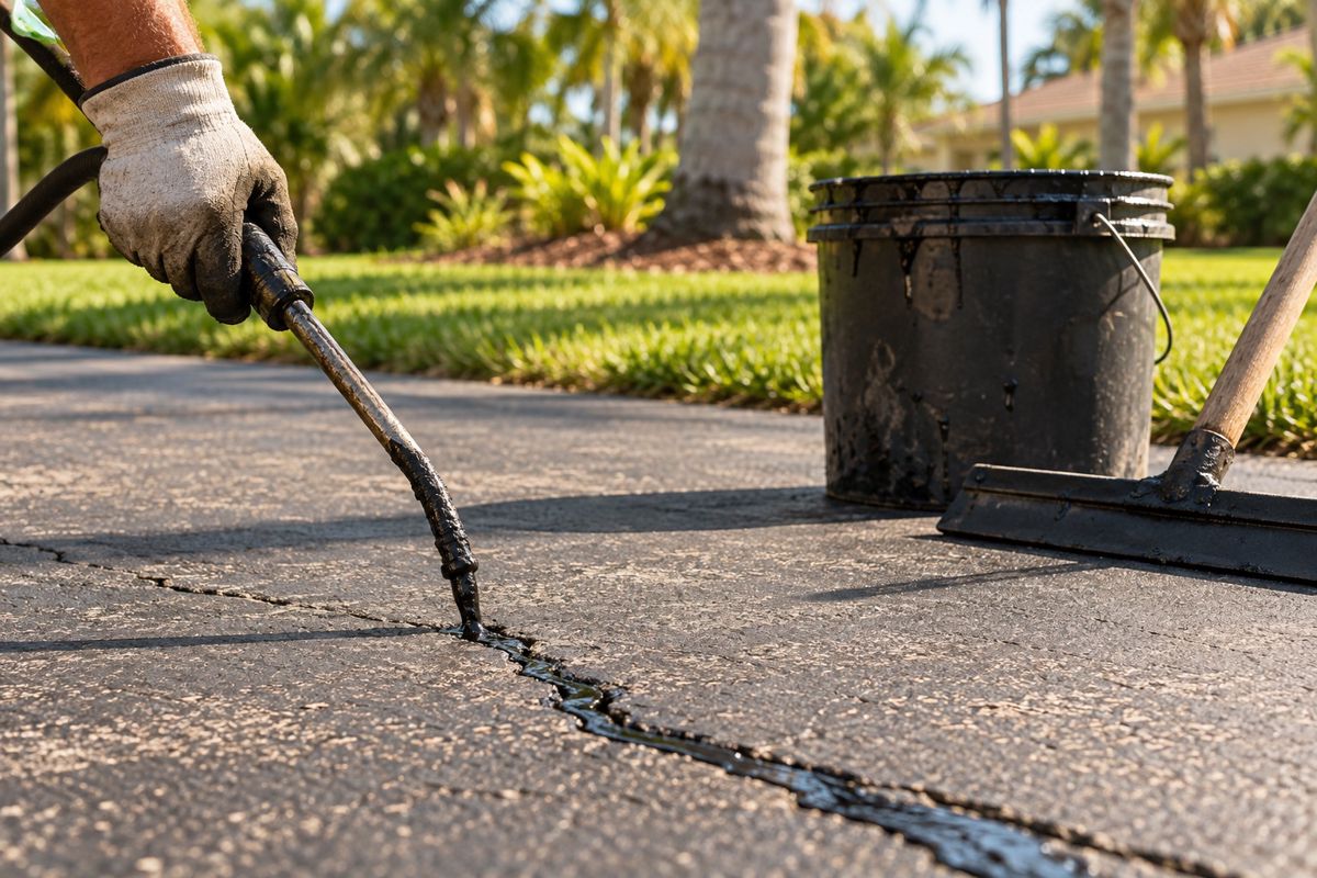 Gloved hand filling a thin asphalt crack with black sealant before sealing
