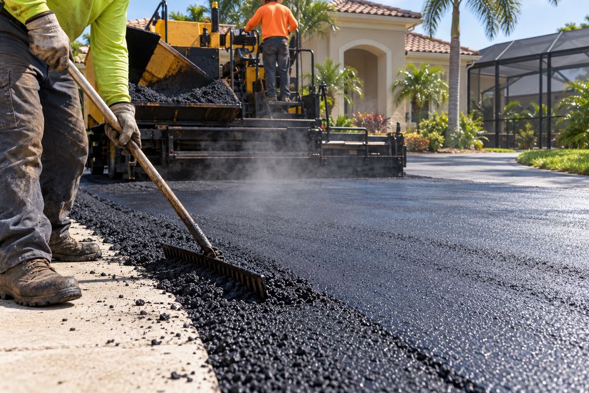 Paver laying hot asphalt on a Florida home driveway with steam rising