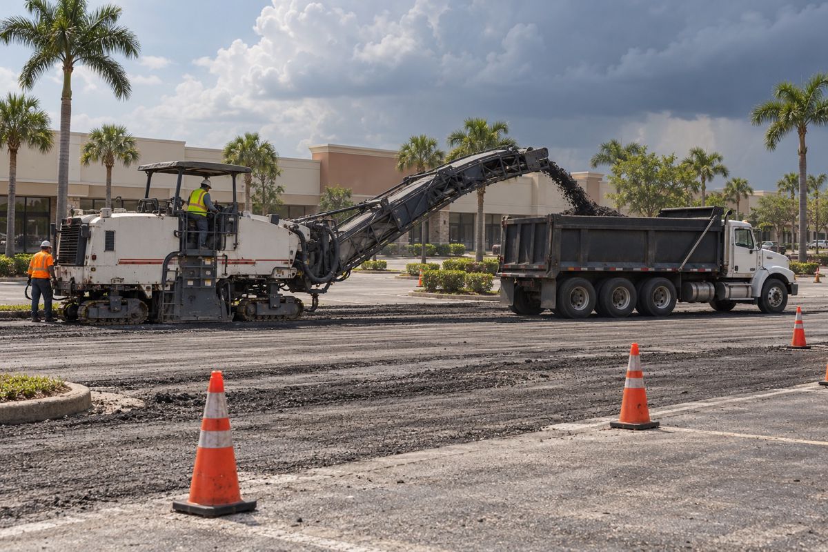 Milling machine grinding old asphalt in a Florida shopping center parking lot