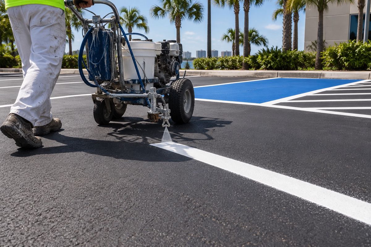 Striping machine painting white stall lines beside a blue accessible space
