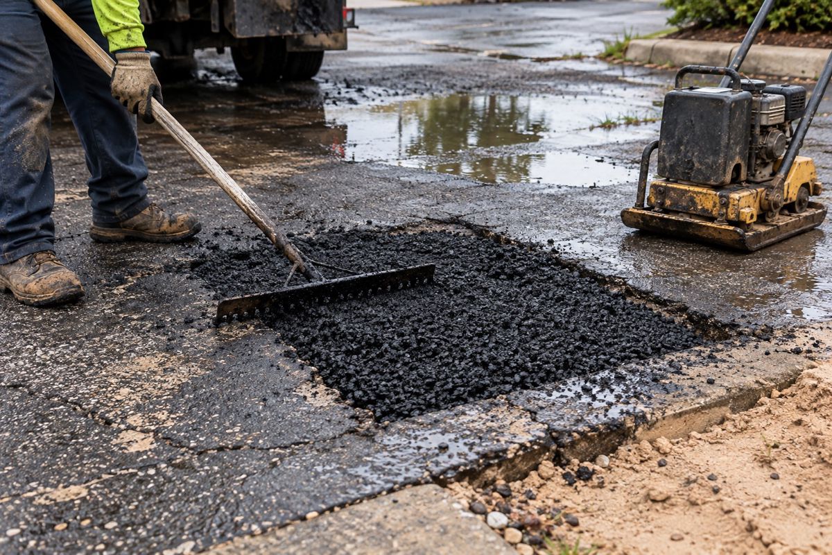 Crew raking fresh asphalt into a square-cut pothole after summer rain