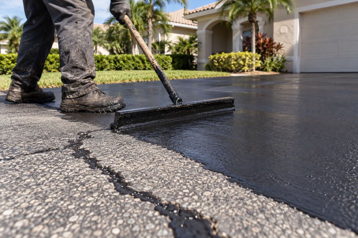 Worker squeegeeing black sealcoat across a faded gray Florida driveway